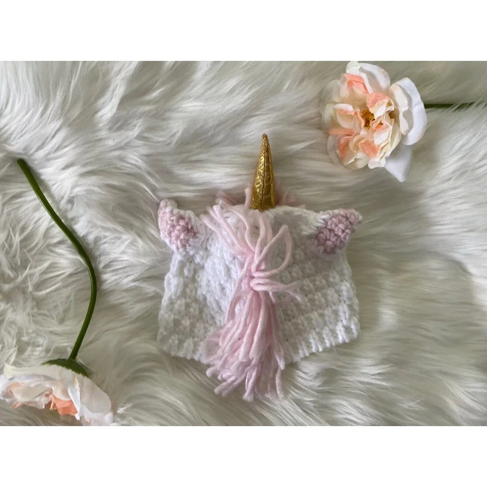 Baby OSFM‎ White Unicorn Gold Horn Pink Mane Beanie Hat Knitted Costume Cute EUC